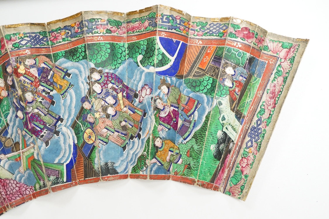 An unusual 19th century Chinese export gilt-decorated tortoiseshell and painted leaf fan, two English fans decorated with paper printed paper crests and a single sided Canton fan leaf lacking sticks, largest 23cm in leng